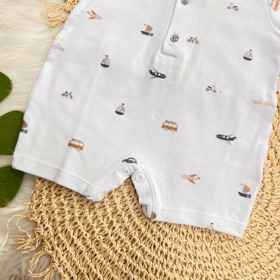 Macacão Curto Piquet com Gola Polo Barquinhos - Off White e Marinho